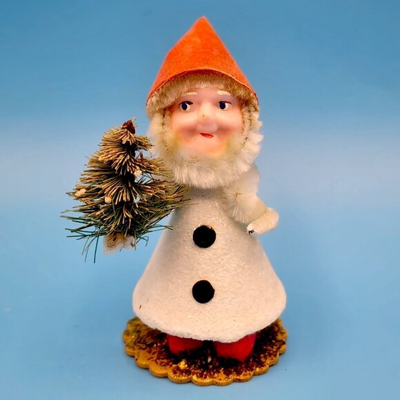 1950s Putz Elf Ornament Bottle Brush Tree Red Flocked Hat Spun Cotton Celluloid - Picture 2 of 8